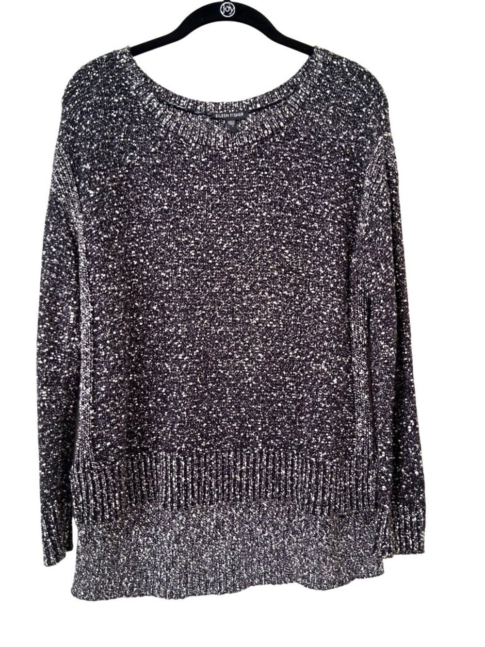 Eileen Fisher Black & White Heathered Knit Sweater Cotton Italian Yarn High Low